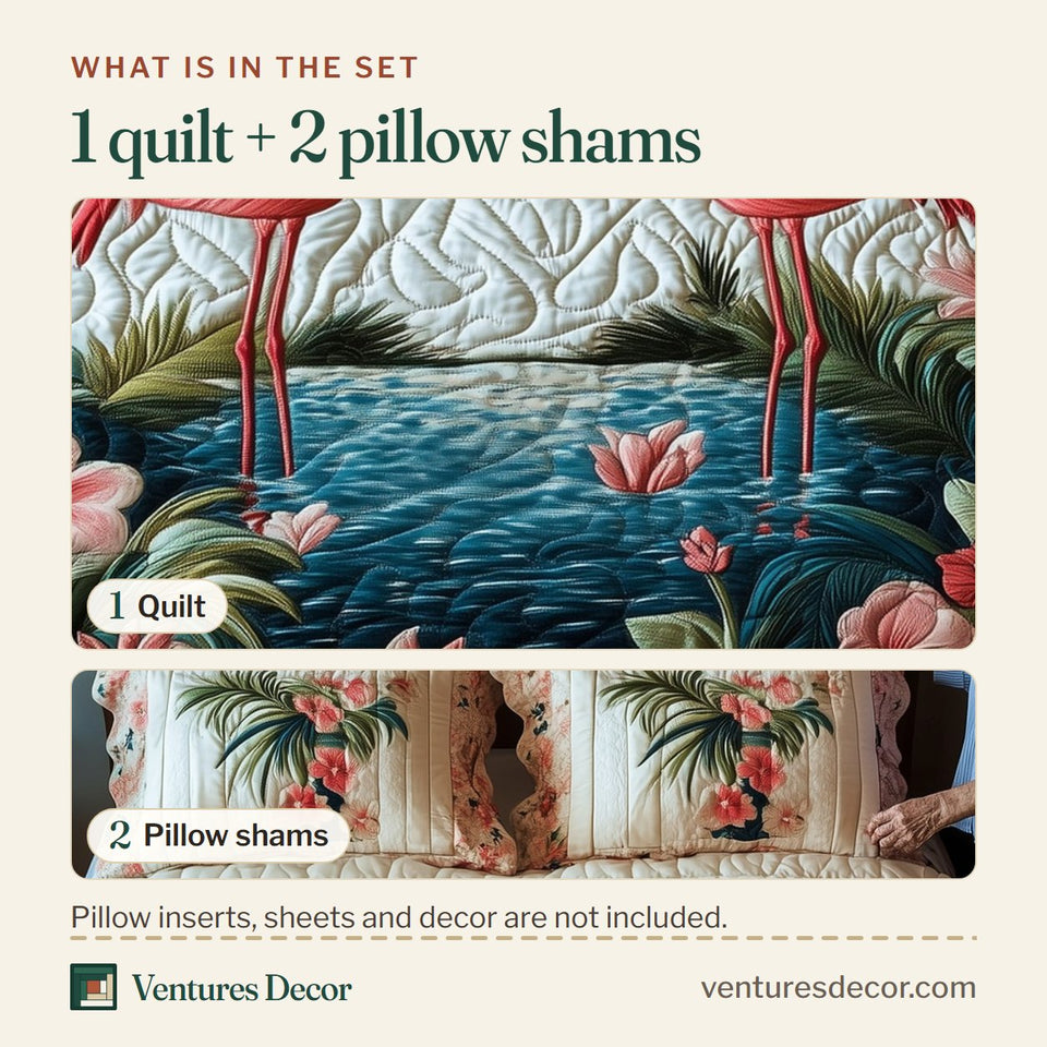 What is in the set: one quilt and two pillow shams, shown in the Flamingo Sweetheart Lagoon design