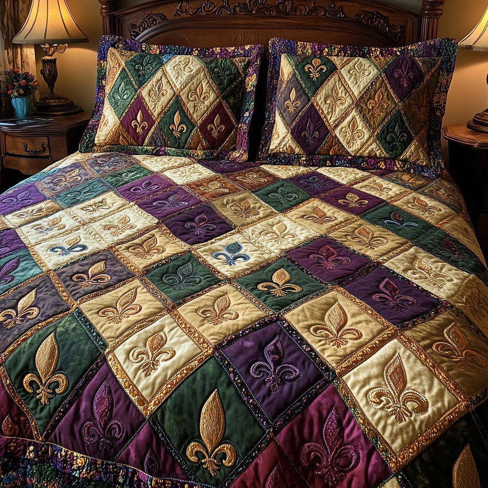 Fleur De Lis Diamond Check Patchwork quilted bedding set, quilt and two pillow shams on a made bed