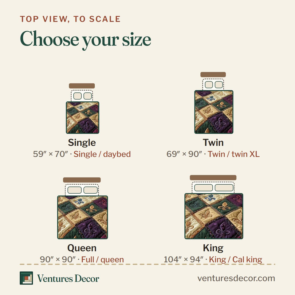 Size guide for the Fleur De Lis Diamond Check Patchwork quilt, top view to scale: Single 59 x 70 in, Twin 69 x 90 in, Queen 90 x 90 in, King 104 x 94 in
