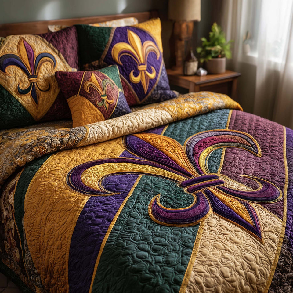 Fleur De Lis Gold Stripe Emblem quilted bedding set, quilt and two pillow shams on a made bed