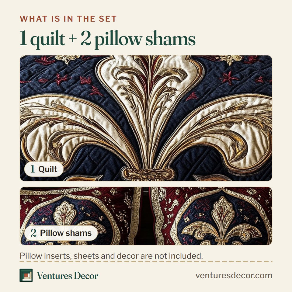 What is in the set: one quilt and two pillow shams, shown in the Fleur de lis Navy Oval on Burgundy design