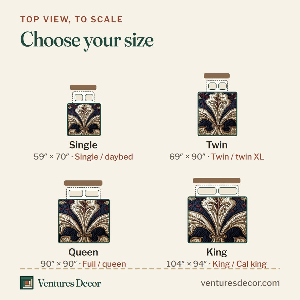 Size guide for the Fleur de lis Navy Oval on Burgundy quilt, top view to scale: Single 59 x 70 in, Twin 69 x 90 in, Queen 90 x 90 in, King 104 x 94 in