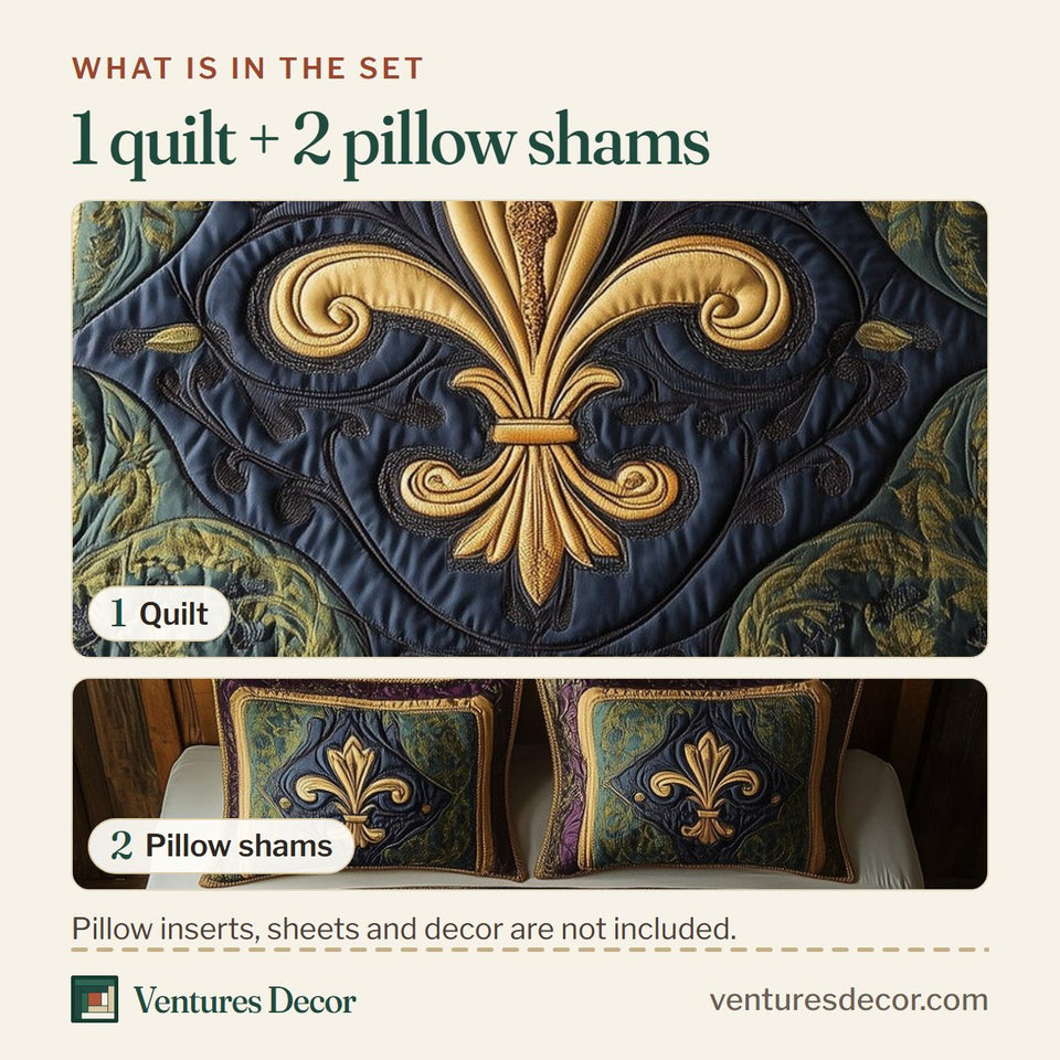What is in the set: one quilt and two pillow shams, shown in the Fleur de lis Navy Panel Gold Trim design