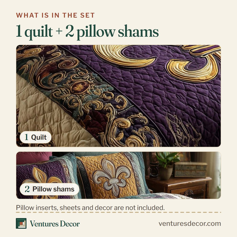 What is in the set: one quilt and two pillow shams, shown in the Fleur De Lis Teal and Gold Border design