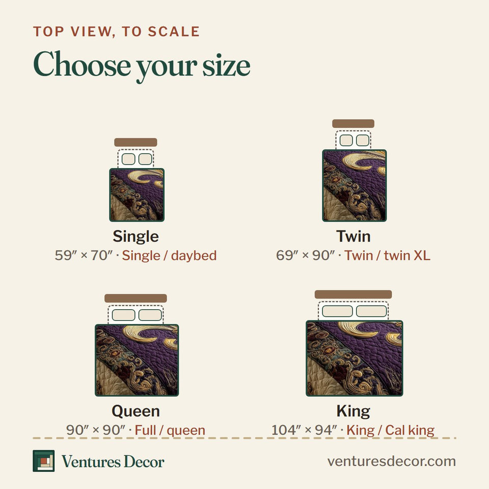 Size guide for the Fleur De Lis Teal and Gold Border quilt, top view to scale: Single 59 x 70 in, Twin 69 x 90 in, Queen 90 x 90 in, King 104 x 94 in