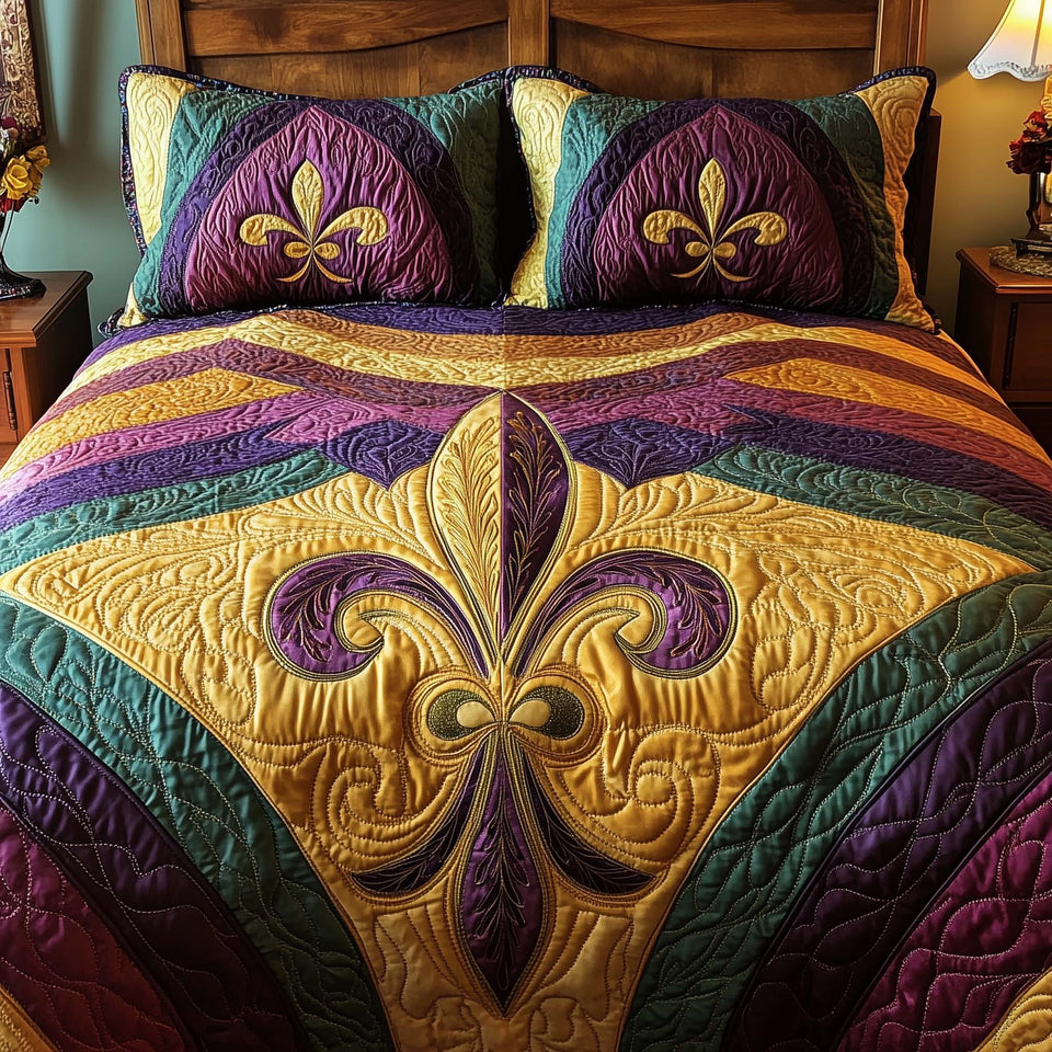 Fleur De Lis Yellow Chevron Field quilted bedding set, quilt and two pillow shams on a made bed