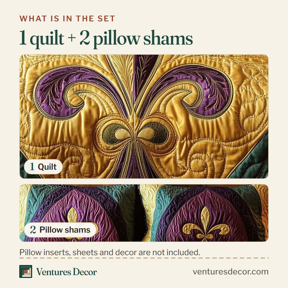 What is in the set: one quilt and two pillow shams, shown in the Fleur De Lis Yellow Chevron Field design