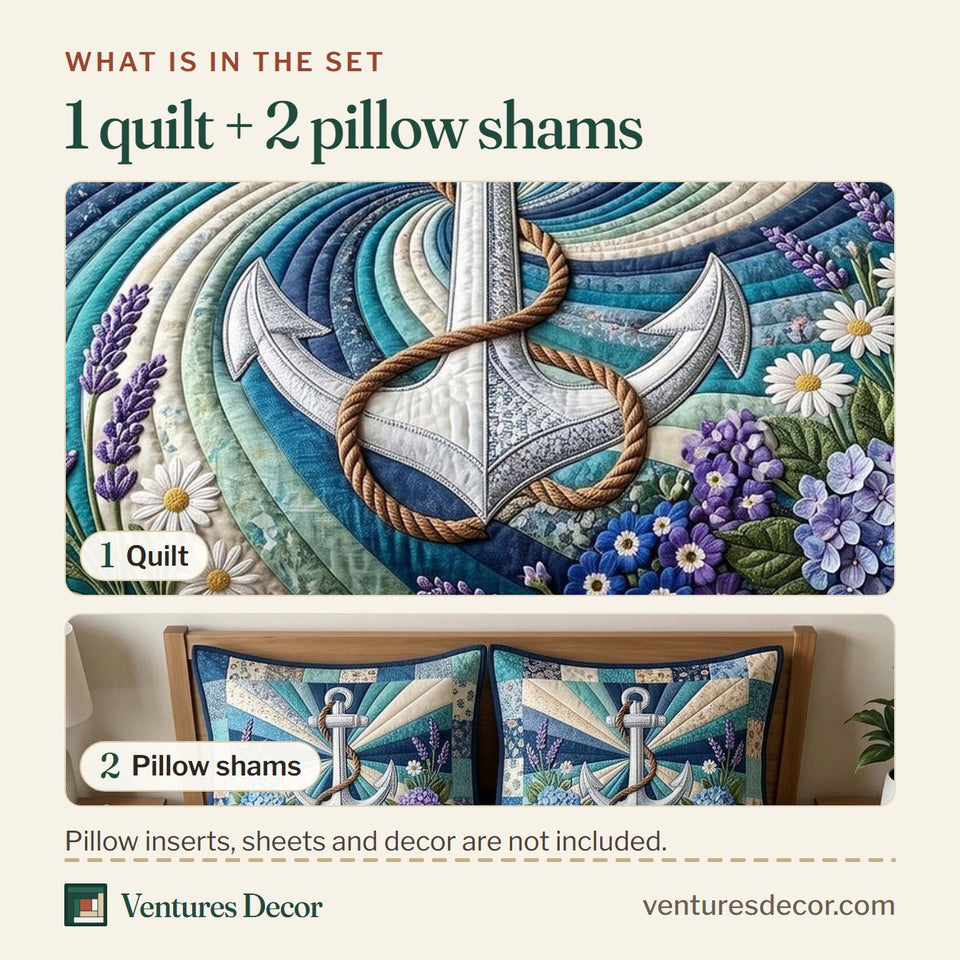What is in the set: one quilt and two pillow shams, shown in the Floral Anchor Teal Wave Swirl design