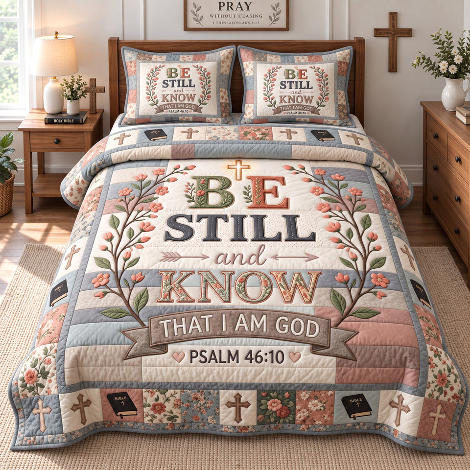 Floral Be Still quilted bedding set, quilt and two pillow shams on a made bed