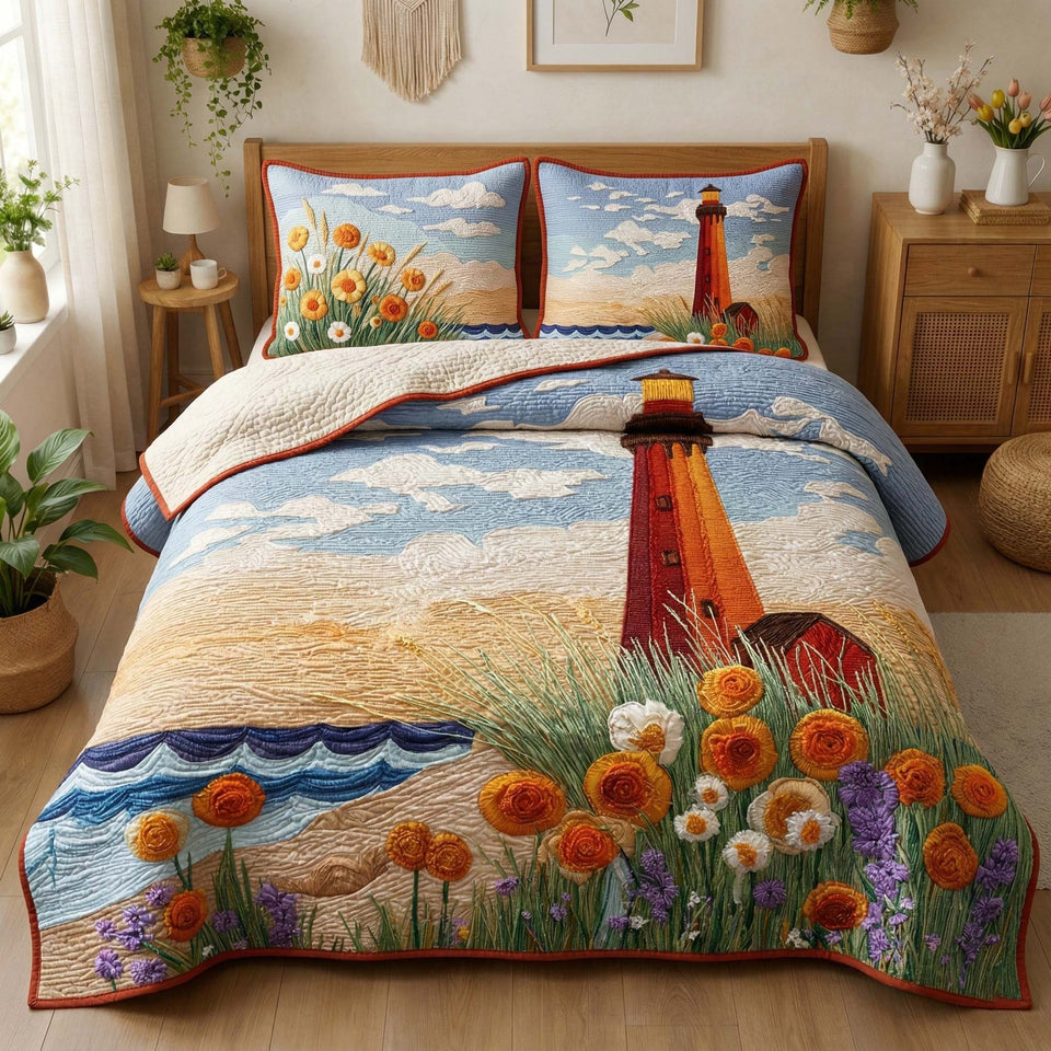 Floral Beacon quilted bedding set, quilt and two pillow shams on a made bed