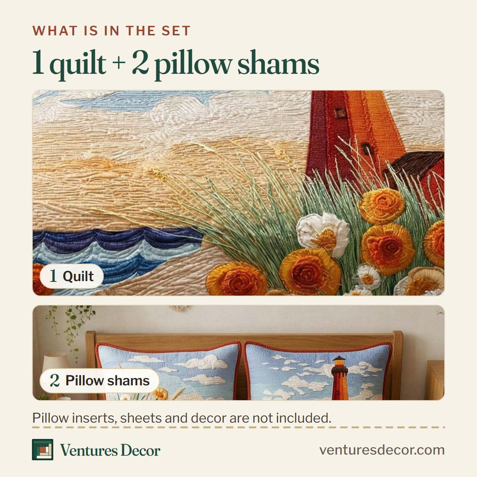 What is in the set: one quilt and two pillow shams, shown in the Floral Beacon design