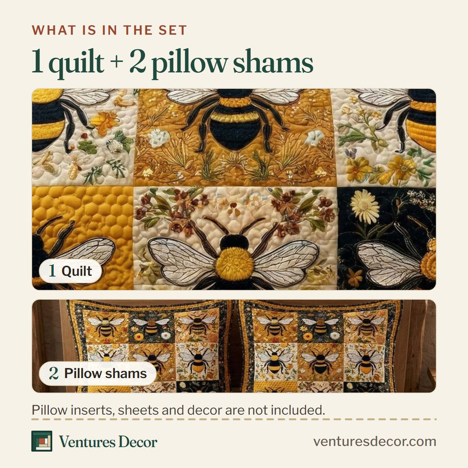 What is in the set: one quilt and two pillow shams, shown in the Floral Bee Checkerboard Blocks design