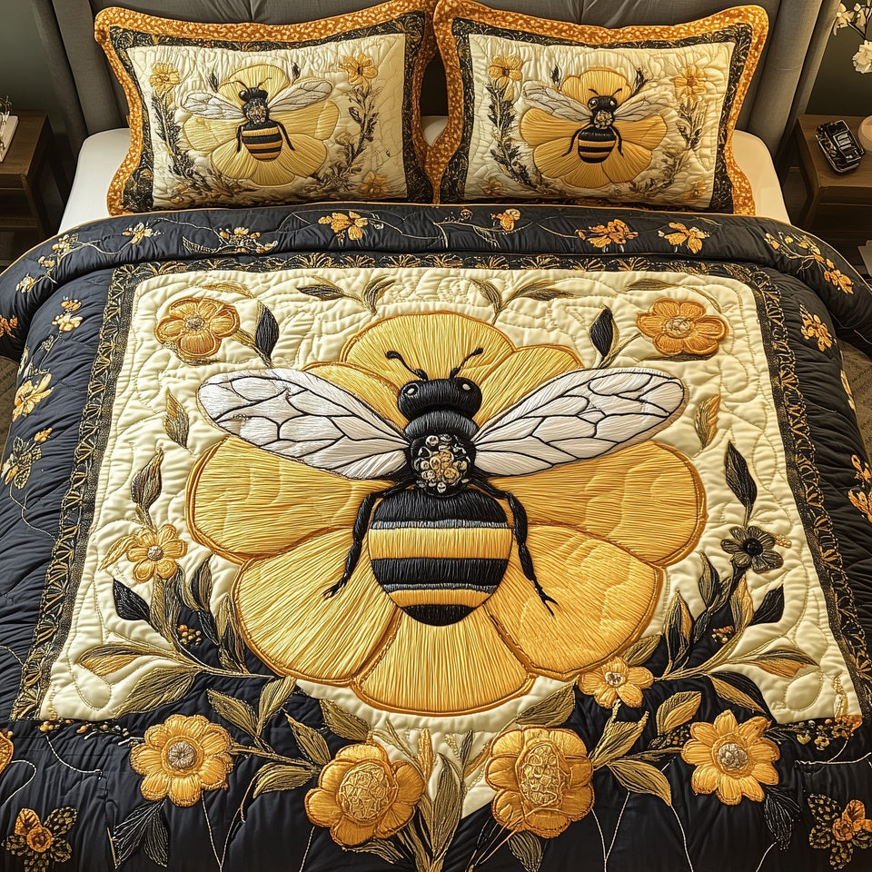 Floral Bee Golden Blossom Panel quilted bedding set, quilt and two pillow shams on a made bed