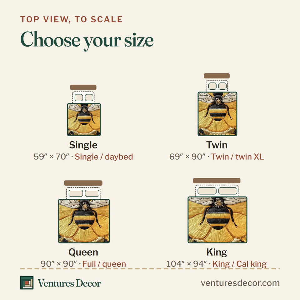 Size guide for the Floral Bee Golden Blossom Panel quilt, top view to scale: Single 59 x 70 in, Twin 69 x 90 in, Queen 90 x 90 in, King 104 x 94 in