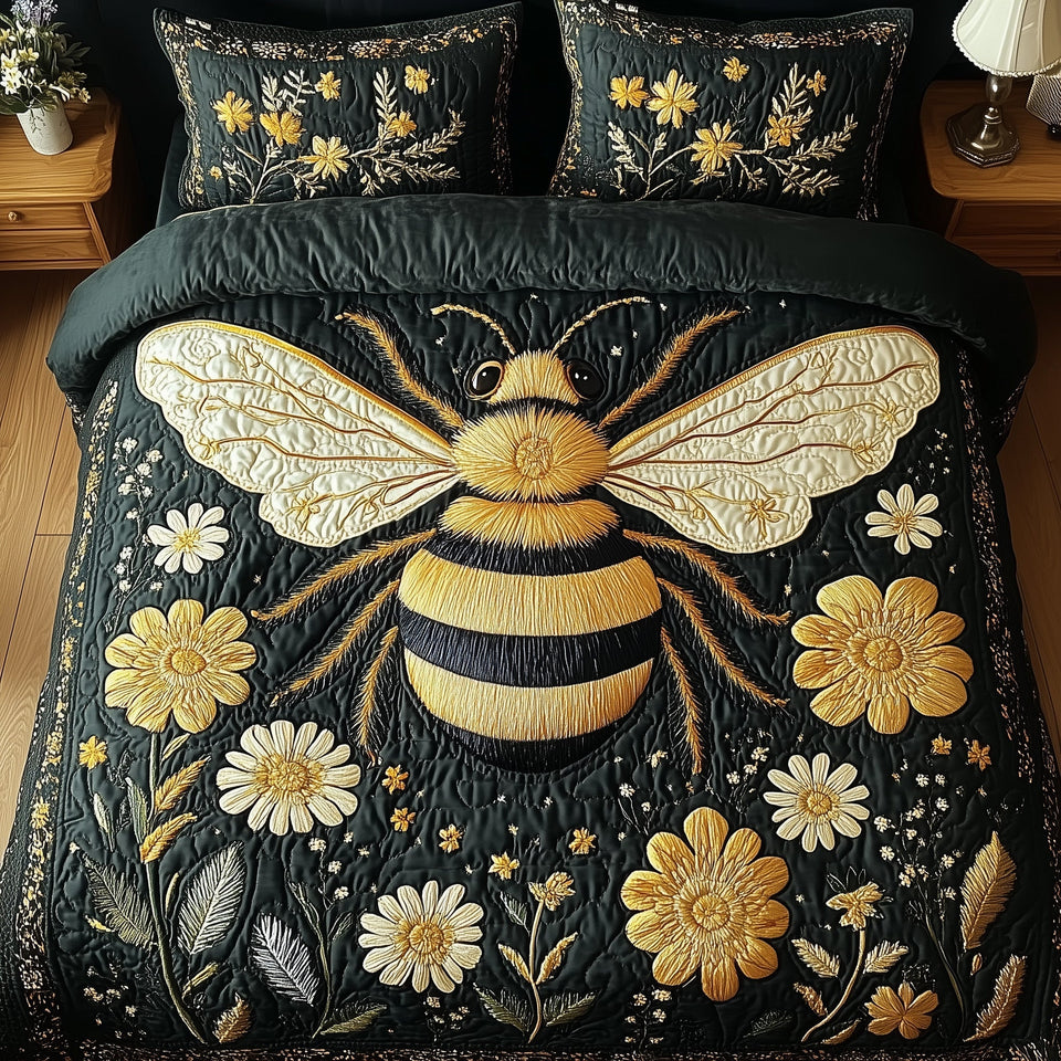 Floral Bee Golden Daisy Ring quilted bedding set, quilt and two pillow shams on a made bed