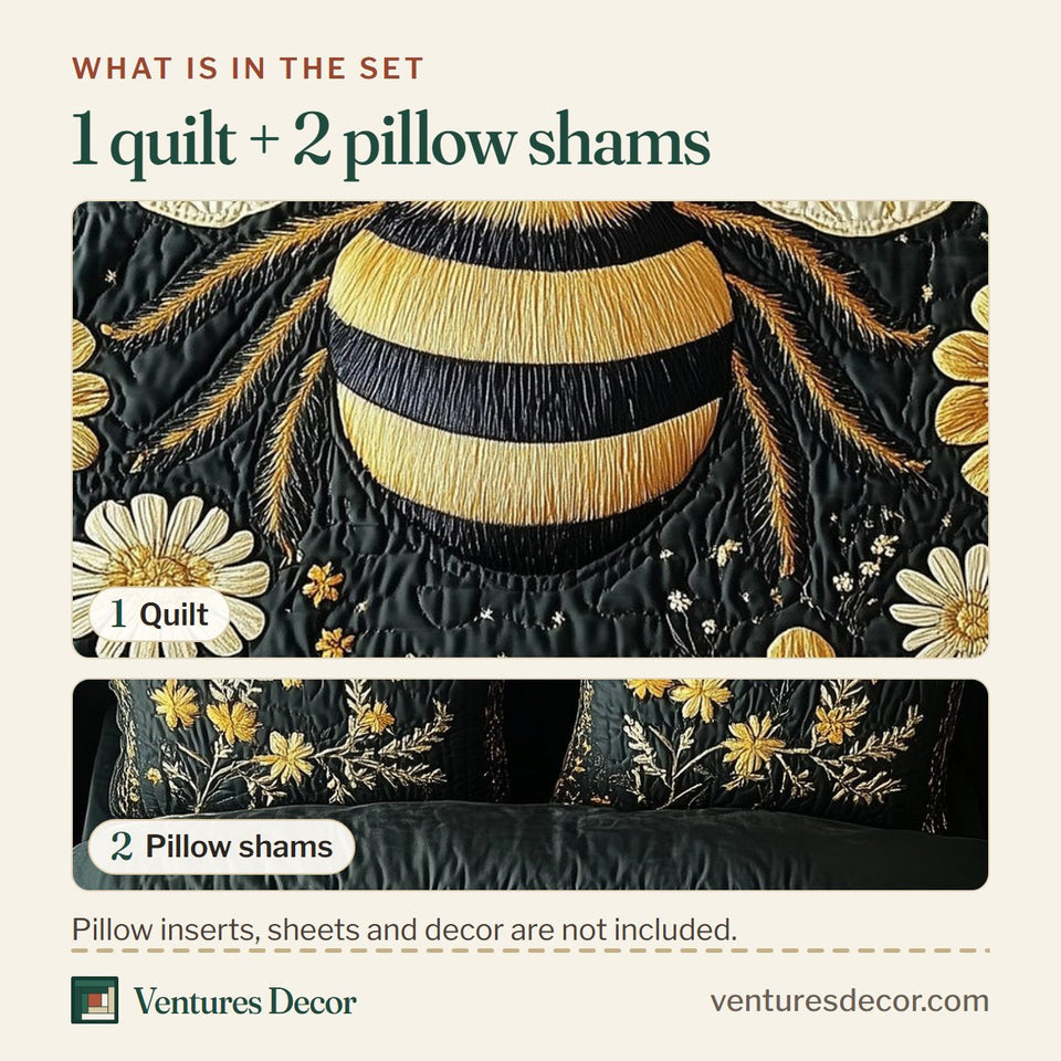What is in the set: one quilt and two pillow shams, shown in the Floral Bee Golden Daisy Ring design