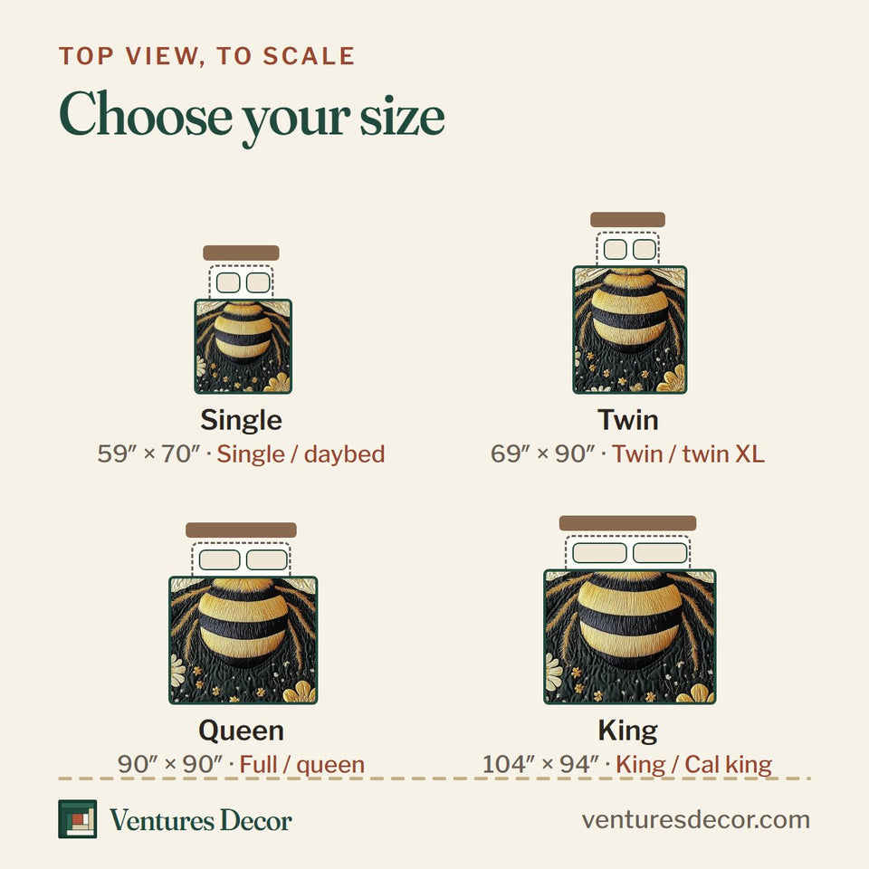 Size guide for the Floral Bee Golden Daisy Ring quilt, top view to scale: Single 59 x 70 in, Twin 69 x 90 in, Queen 90 x 90 in, King 104 x 94 in