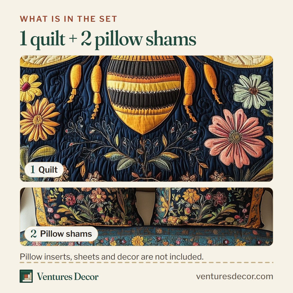 What is in the set: one quilt and two pillow shams, shown in the Floral Bee Ornate Navy Frame design