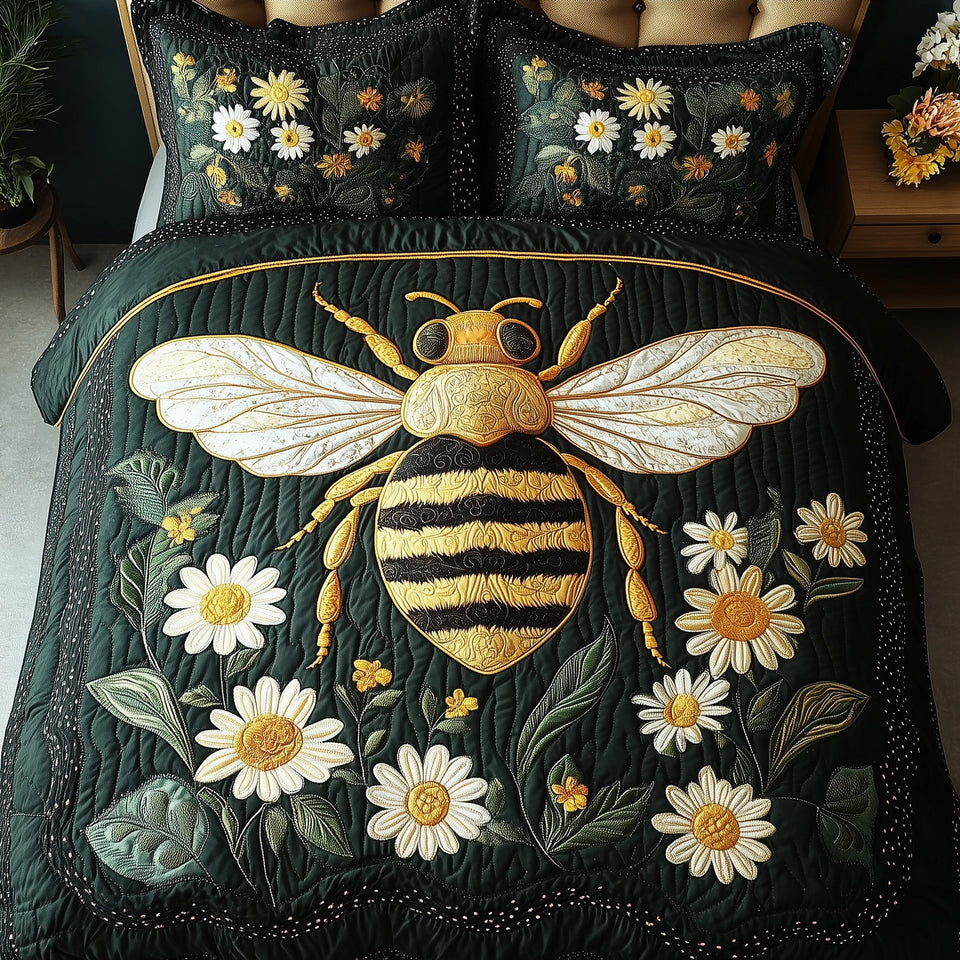 Floral Bee White Daisy Green quilted bedding set, quilt and two pillow shams on a made bed