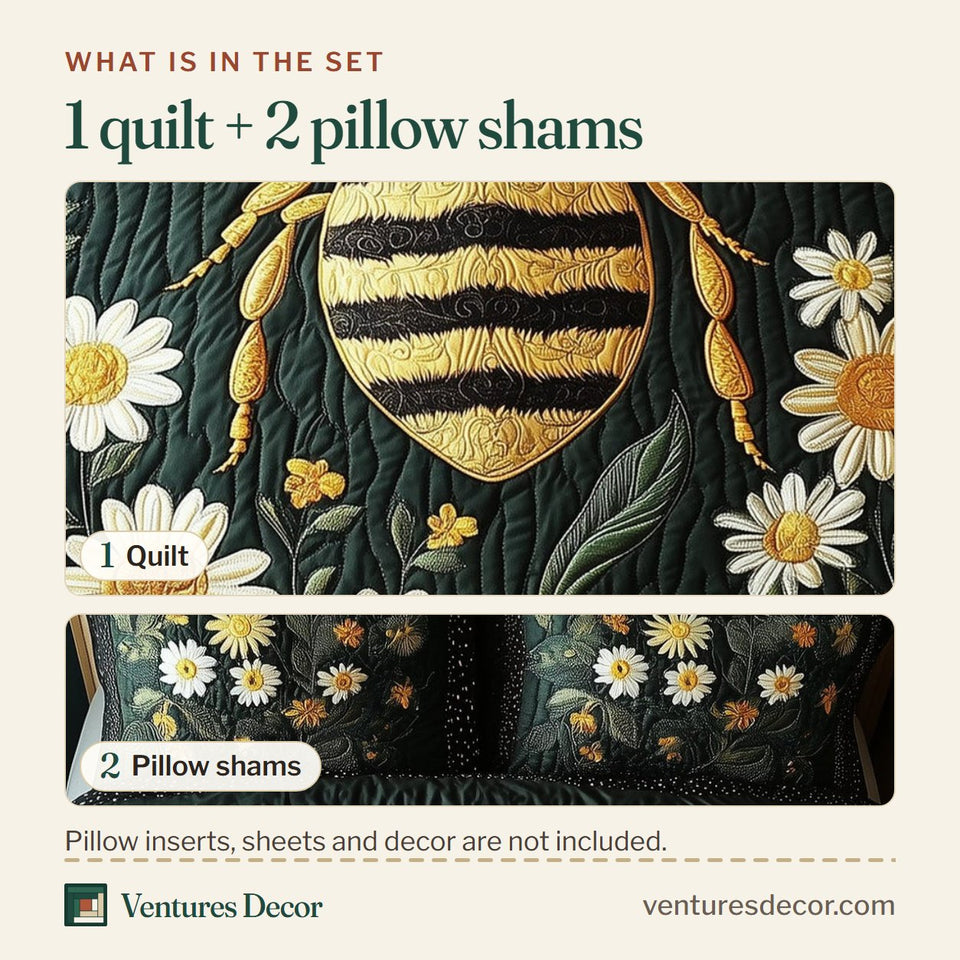 What is in the set: one quilt and two pillow shams, shown in the Floral Bee White Daisy Green design