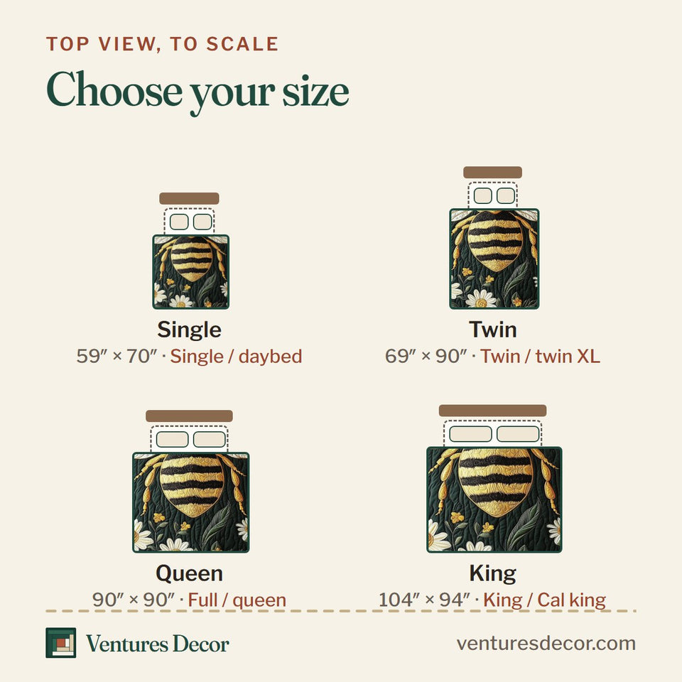 Size guide for the Floral Bee White Daisy Green quilt, top view to scale: Single 59 x 70 in, Twin 69 x 90 in, Queen 90 x 90 in, King 104 x 94 in