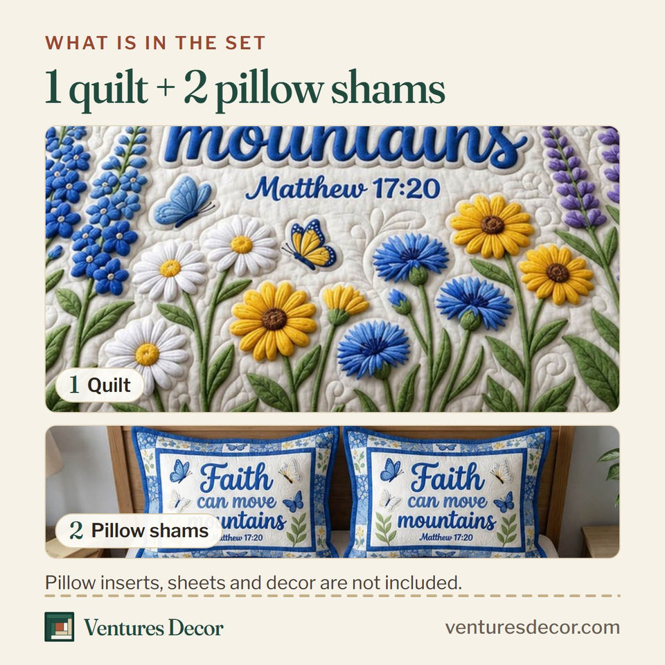 What is in the set: one quilt and two pillow shams, shown in the Floral Bible Bluebonnet Daisy Field design