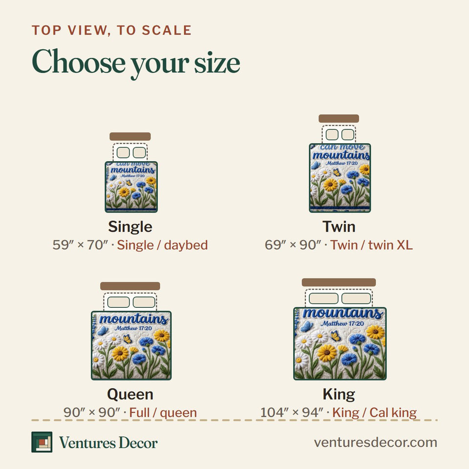 Size guide for the Floral Bible Bluebonnet Daisy Field quilt, top view to scale: Single 59 x 70 in, Twin 69 x 90 in, Queen 90 x 90 in, King 104 x 94 in