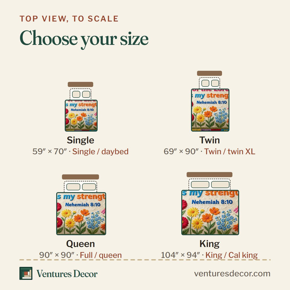 Size guide for the Floral Bible Bright Blossom Squares quilt, top view to scale: Single 59 x 70 in, Twin 69 x 90 in, Queen 90 x 90 in, King 104 x 94 in