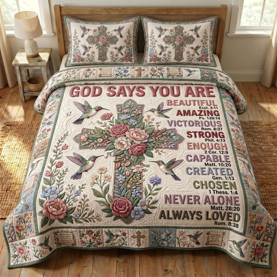 Floral Bible Cream Rose Cross Bird quilted bedding set, quilt and two pillow shams on a made bed