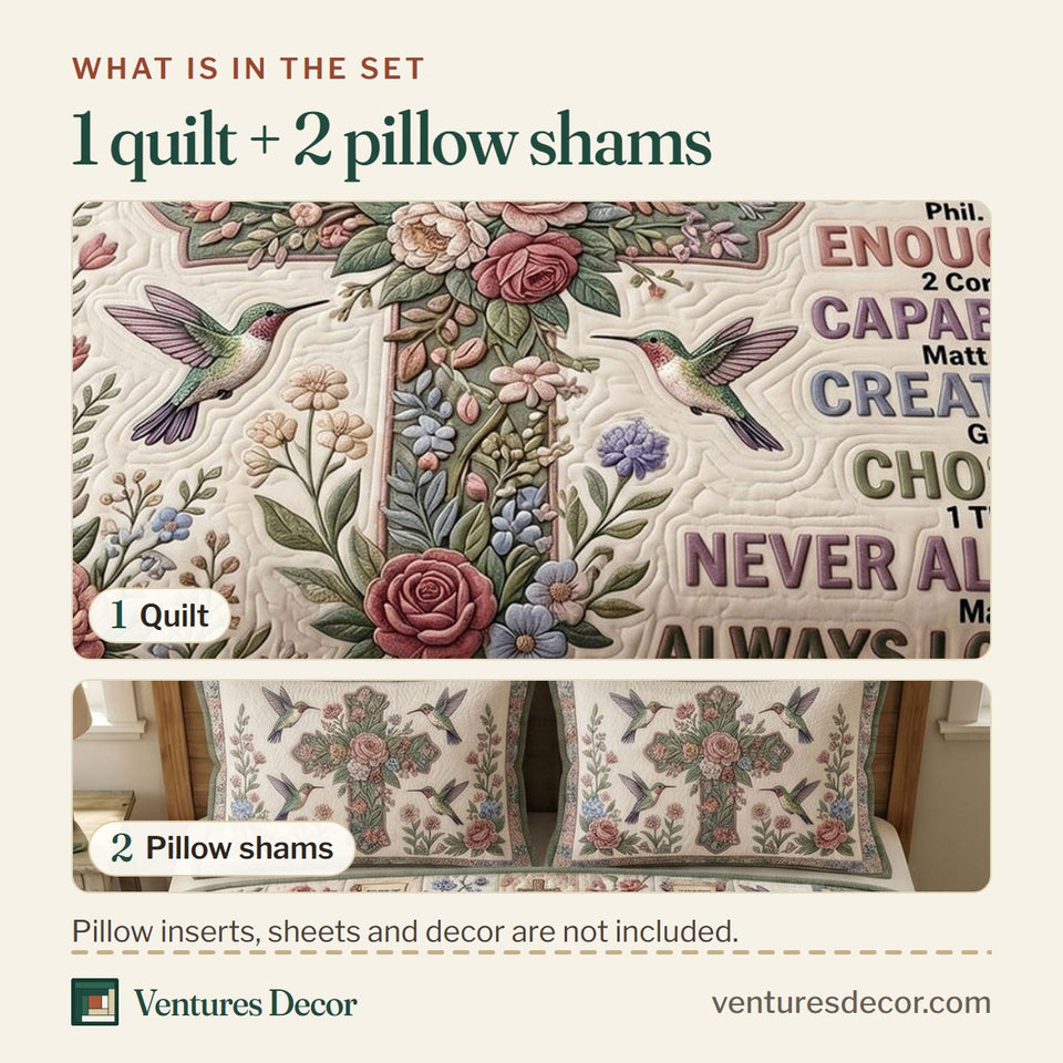 What is in the set: one quilt and two pillow shams, shown in the Floral Bible Cream Rose Cross Bird design