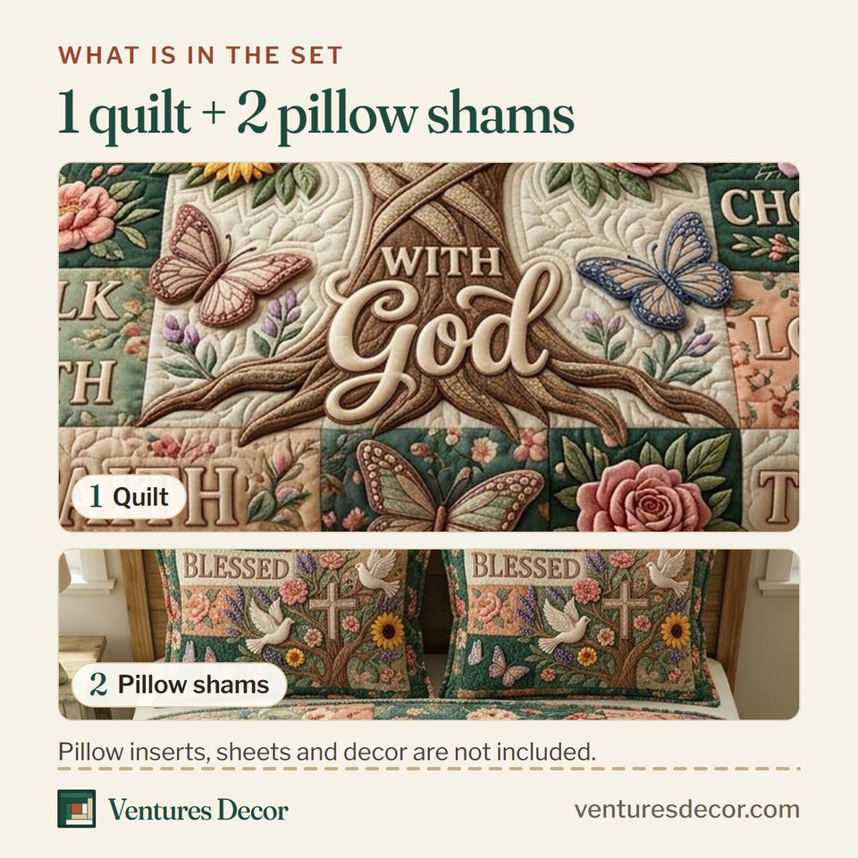 What is in the set: one quilt and two pillow shams, shown in the Floral Bible Dove and Cross Sampler design