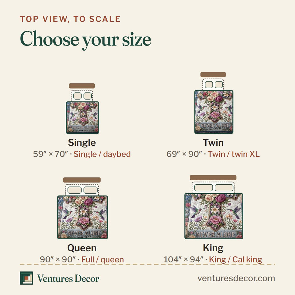 Size guide for the Floral Bible Dove and Pale Rose Cross quilt, top view to scale: Single 59 x 70 in, Twin 69 x 90 in, Queen 90 x 90 in, King 104 x 94 in