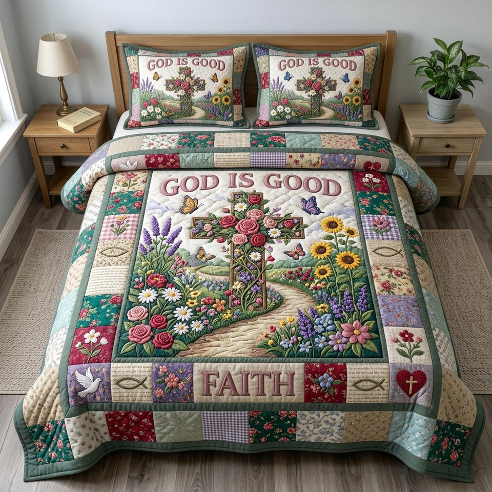 Floral Bible Garden Path Cross quilted bedding set, quilt and two pillow shams on a made bed