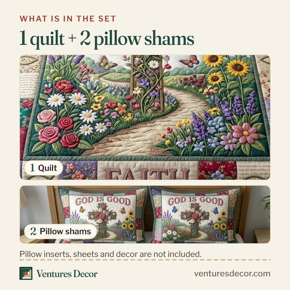What is in the set: one quilt and two pillow shams, shown in the Floral Bible Garden Path Cross design