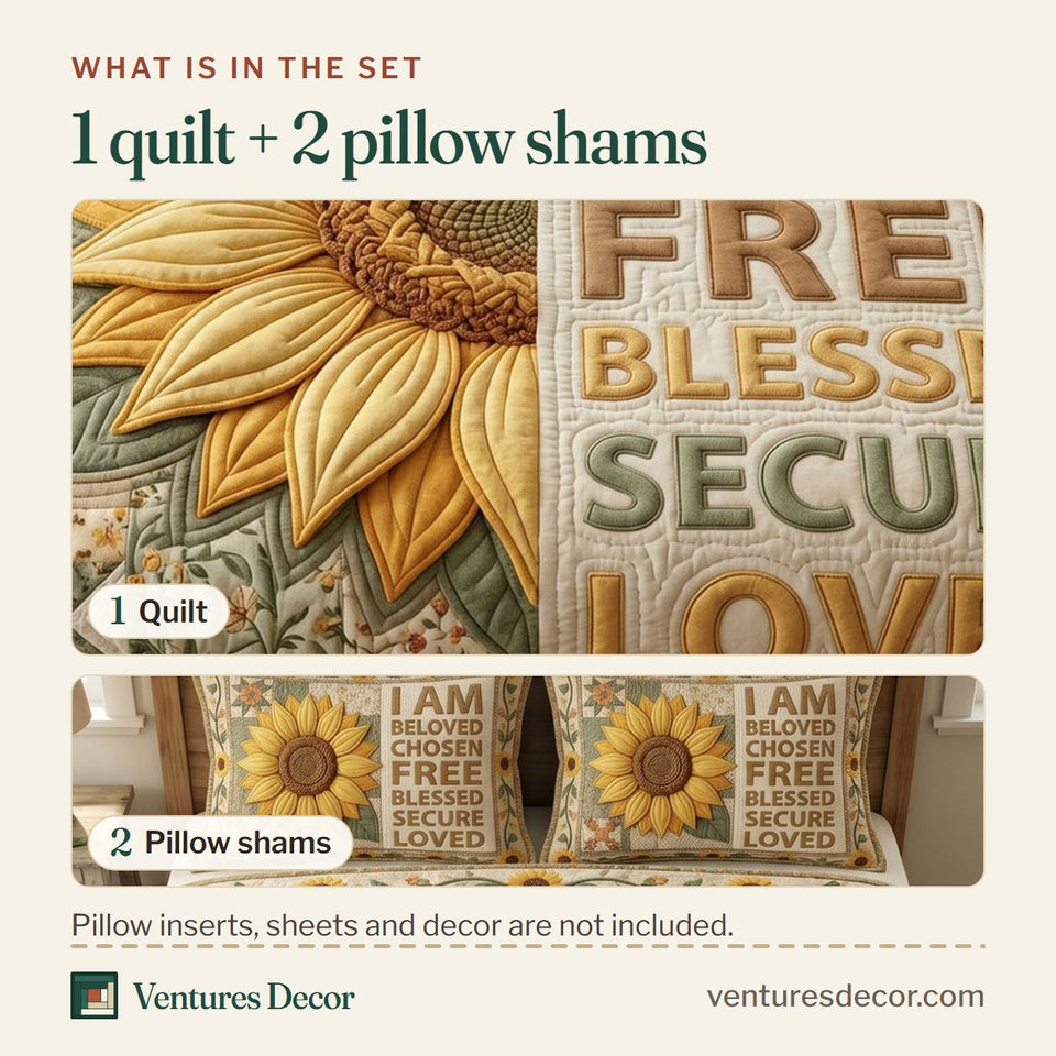 What is in the set: one quilt and two pillow shams, shown in the Floral Bible Golden Sunflower Ladder design