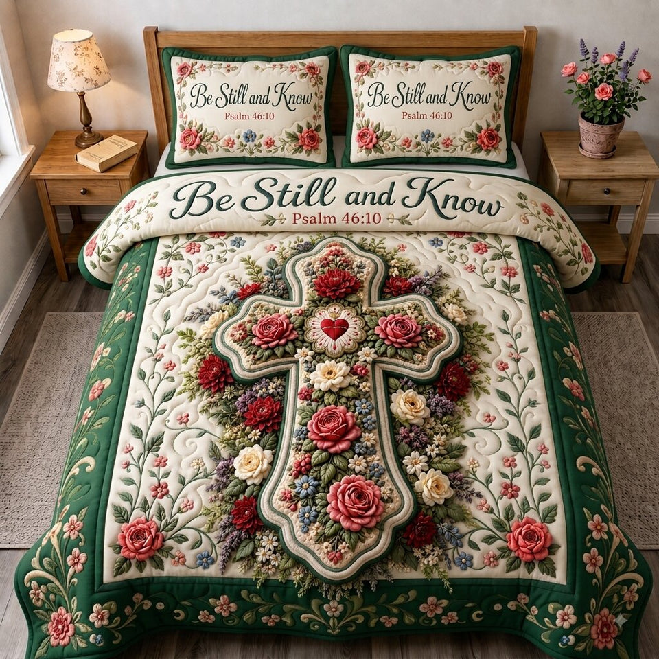 Floral Bible Grace quilted bedding set, quilt and two pillow shams on a made bed