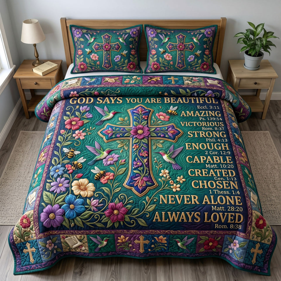 Floral Bible Jewel Cross on Teal quilted bedding set, quilt and two pillow shams on a made bed