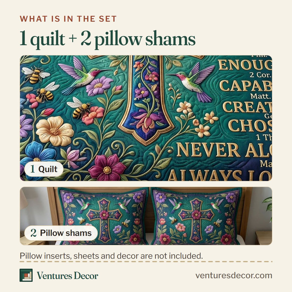 What is in the set: one quilt and two pillow shams, shown in the Floral Bible Jewel Cross on Teal design