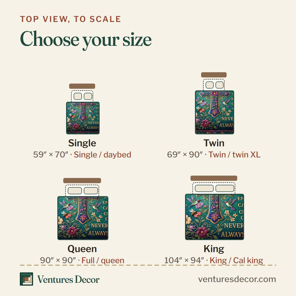 Size guide for the Floral Bible Jewel Cross on Teal quilt, top view to scale: Single 59 x 70 in, Twin 69 x 90 in, Queen 90 x 90 in, King 104 x 94 in