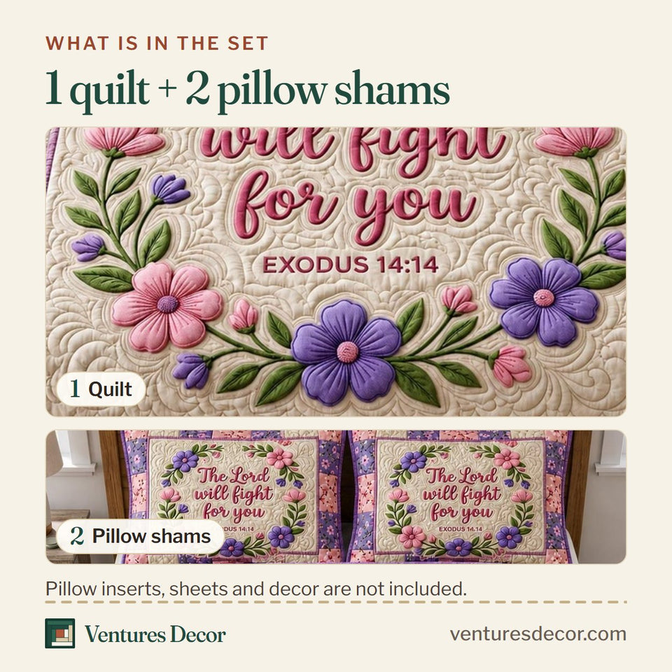 What is in the set: one quilt and two pillow shams, shown in the Floral Bible Lavender Bloom Wreath design