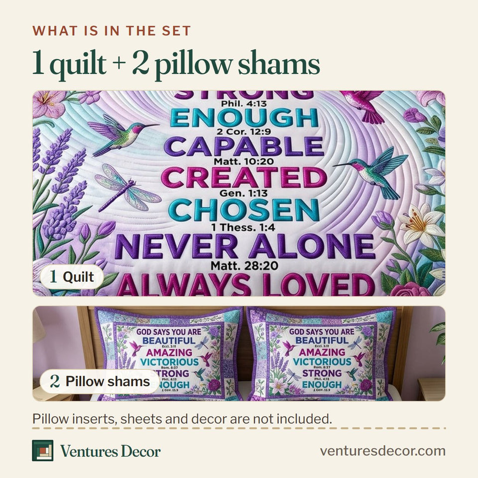 What is in the set: one quilt and two pillow shams, shown in the Floral Bible Lavender Dragonfly Panel design
