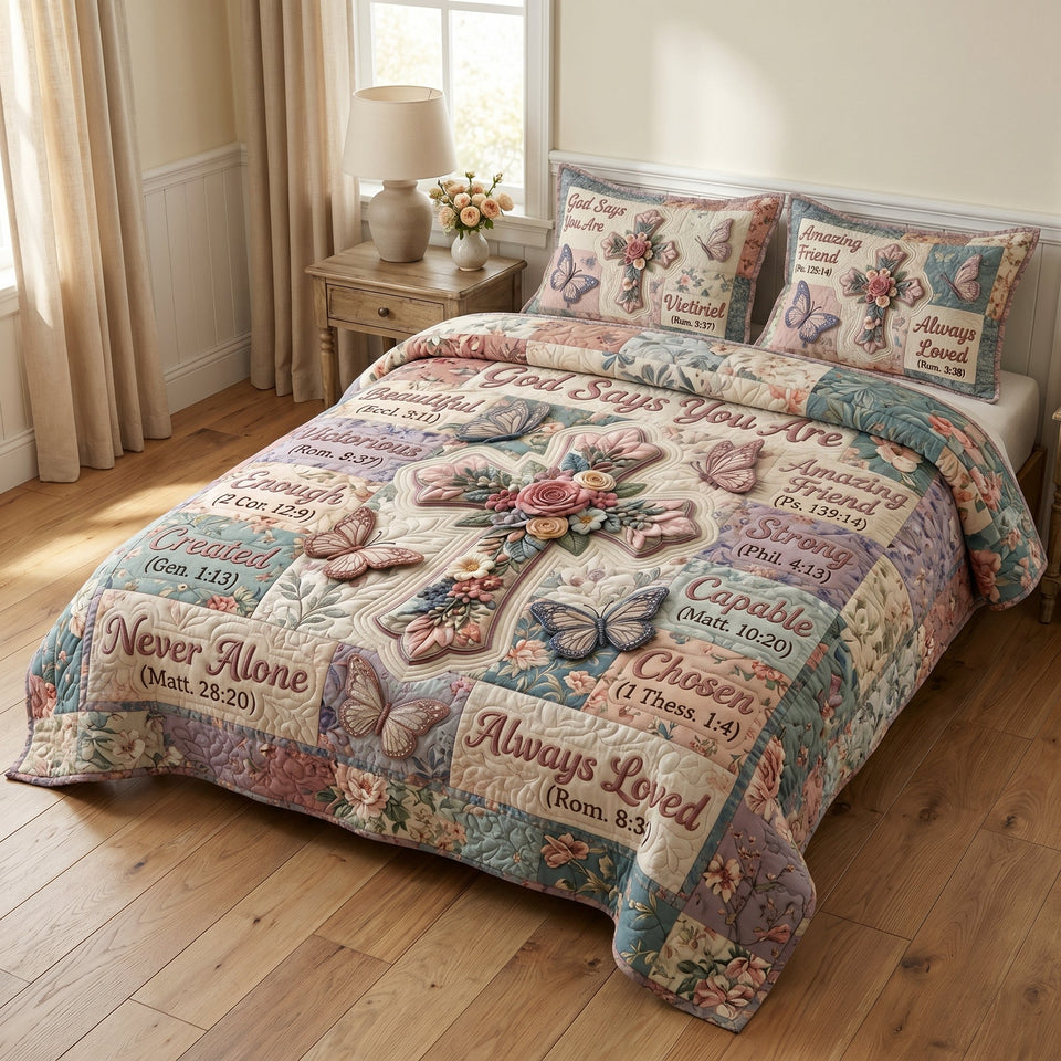 Floral Bible Mauve Grid Rose Cross quilted bedding set, another view of the printed design