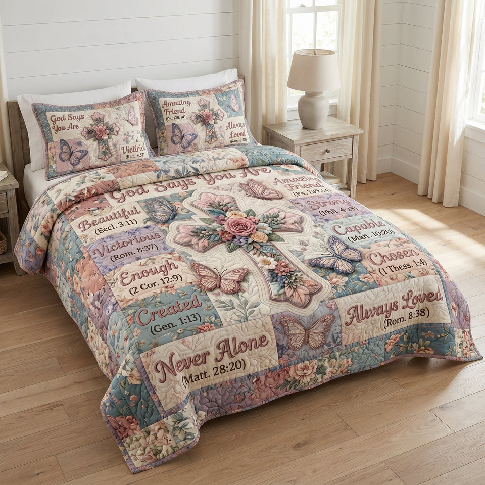 Floral Bible Mauve Grid Rose Cross quilted bedding set, another view of the printed design