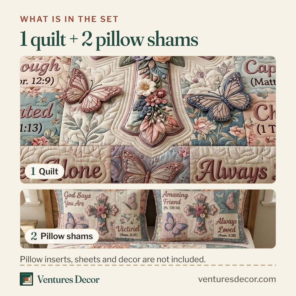 What is in the set: one quilt and two pillow shams, shown in the Floral Bible Mauve Grid Rose Cross design