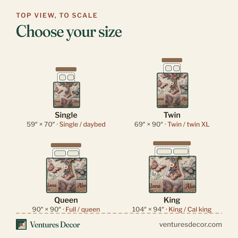 Size guide for the Floral Bible Mauve Grid Rose Cross quilt, top view to scale: Single 59 x 70 in, Twin 69 x 90 in, Queen 90 x 90 in, King 104 x 94 in