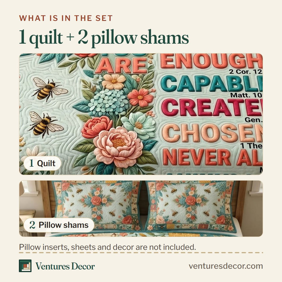 What is in the set: one quilt and two pillow shams, shown in the Floral Bible Mint and Coral Roses design