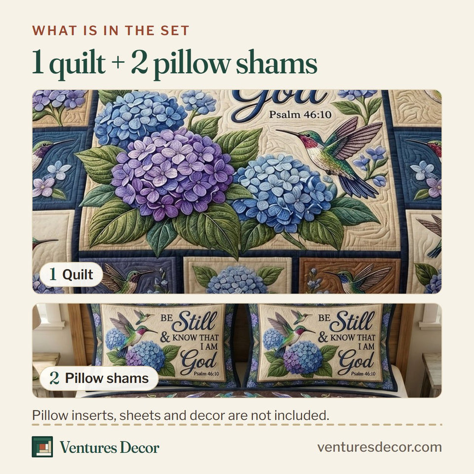 What is in the set: one quilt and two pillow shams, shown in the Floral Bible Navy Hummingbird Patchwork design