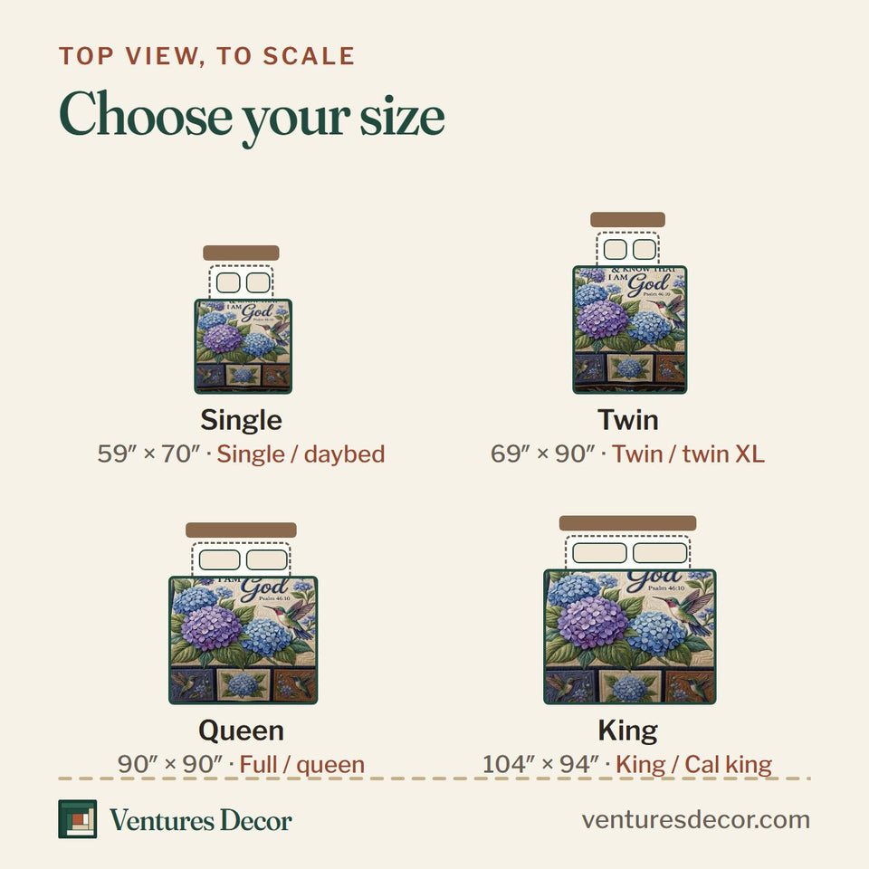 Size guide for the Floral Bible Navy Hummingbird Patchwork quilt, top view to scale: Single 59 x 70 in, Twin 69 x 90 in, Queen 90 x 90 in, King 104 x 94 in