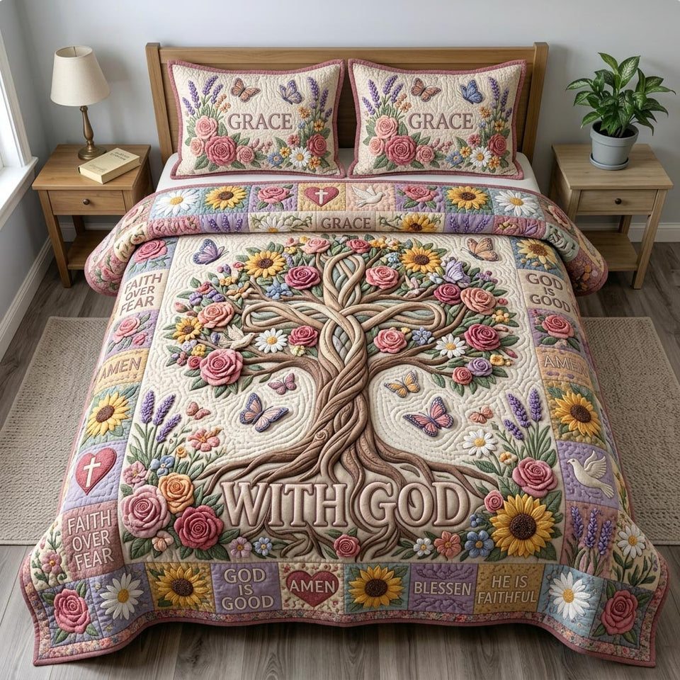 Floral Bible Pastel Tree of Life quilted bedding set, quilt and two pillow shams on a made bed