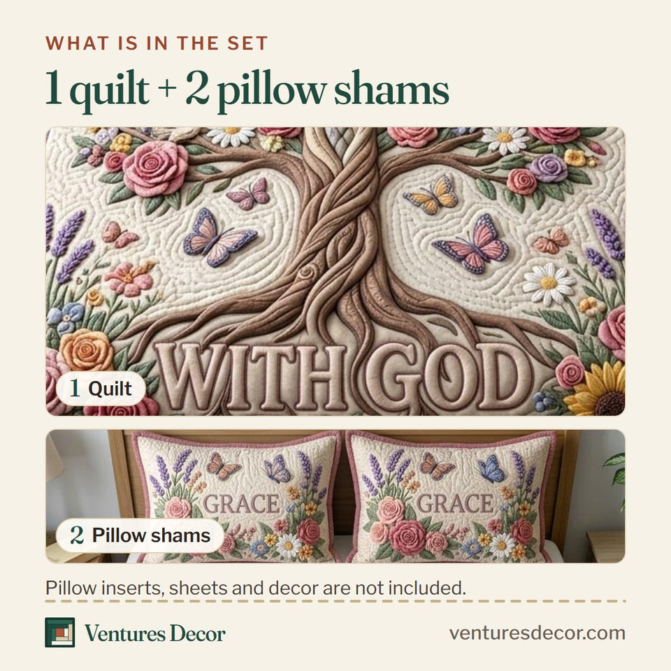 What is in the set: one quilt and two pillow shams, shown in the Floral Bible Pastel Tree of Life design